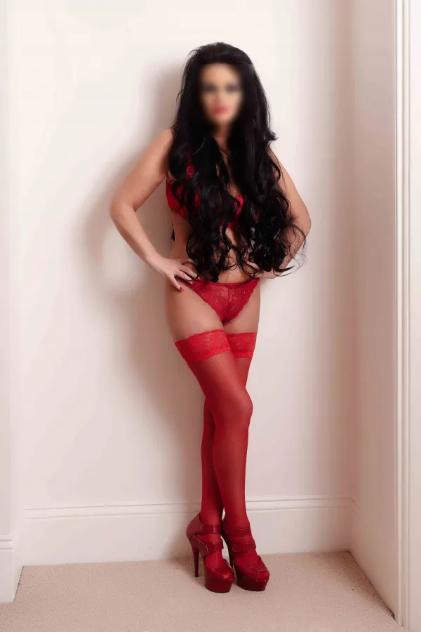 Brunette model wearing red lingerie